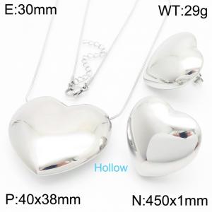 Simple and personalized stainless steel creative three-dimensional heart-shaped pendant jewelry charm silver earrings&necklace 2-piece set - KS221108-KFC