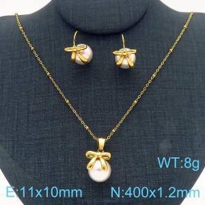 Women Stainless Steel&Pearl Hair Tie Necklace&Earrings Jewelry Set - KS221115-KFC