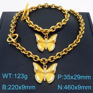 Fashionable French style stainless steel diamond inlaid dynamic butterfly bracelet necklace two-piece set - KS221184-Z