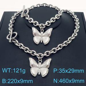 Fashionable French style stainless steel diamond inlaid dynamic butterfly bracelet necklace two-piece set - KS221185-Z