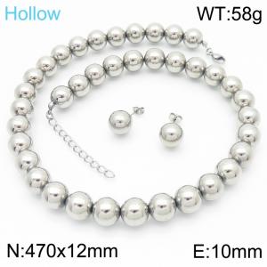 European and American fashion stainless steel 470 × 12mm handmade bead necklace creative 10mm round bead earrings charm silver 2-piece set - KS221196-GC