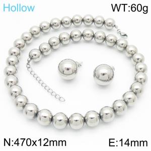 European and American fashion stainless steel 470 × 12mm handmade bead necklace creative 14mm round bead earrings charm silver 2-piece set - KS221198-GC