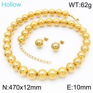 European and American fashion stainless steel 470 × 12mm handmade bead necklace creative 10mm round bead earrings charm gold 2-piece set - KS221200-GC