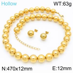 European and American fashion stainless steel 470 × 12mm handmade bead necklace creative 12mm round bead earrings charm gold 2-piece set - KS221201-GC