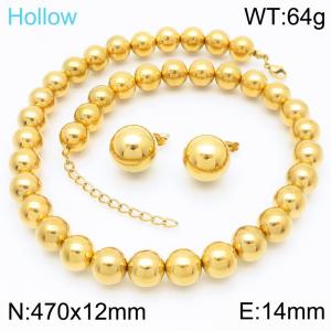 European and American fashion stainless steel 470 × 12mm handmade bead necklace creative 14mm round bead earrings charm gold 2-piece set - KS221202-GC