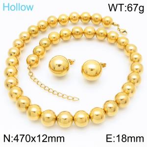 European and American fashion stainless steel 470 × 12mm handmade bead necklace creative 18mm round bead earrings charm gold 2-piece set - KS221203-GC