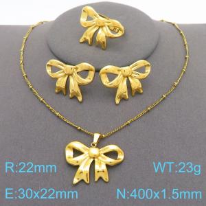 European and American fashion personality stainless steel creative wrinkled bow pendant temperament gold earrings&rings&necklaces 3-piece set - KS221216-KFC