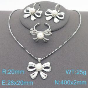 European and American fashion personality stainless steel creative pearl bow pendant temperament silver earrings&rings&necklaces 3-piece set - KS221217-KFC