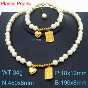 Simple Love Accessories Square Hanging Tag Pearl Necklace Bracelet Stainless Steel Men's and Women's Set Jewelry - KS221262-Z