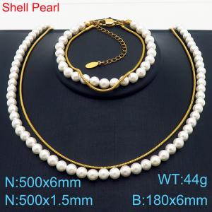 Minimalist Pearl Snake Chain Necklace Bracelet Double Splicing Stainless Steel Men's and Women's Jewelry Set - KS221266-Z