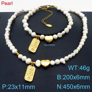 Minimally Irregular Pearl Necklace Bracelet Double Piece Stainless Steel Men's and Women's Square Accessories Set Jewelry - KS221271-Z