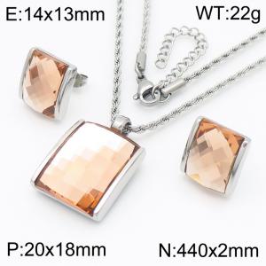 Champagne crystal glass square pendant steel colored stainless steel necklace earring set - KS221282-GC