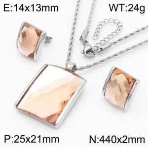 Champagne  crystal glass square pendant steel colored stainless steel necklace earring set - KS221284-GC