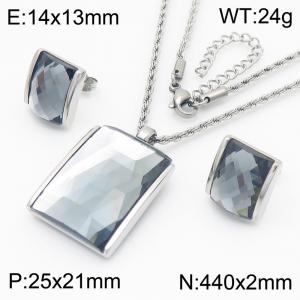 Ink colored crystal glass square pendant, steel colored stainless steel necklace, earring set - KS221285-GC