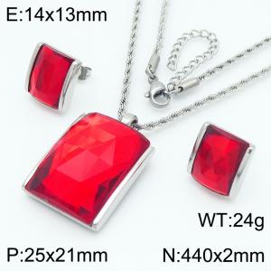 Red crystal glass square pendant steel stainless steel necklace earring set - KS221286-GC