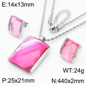 Pink crystal glass square pendant steel stainless steel necklace earring set - KS221287-GC