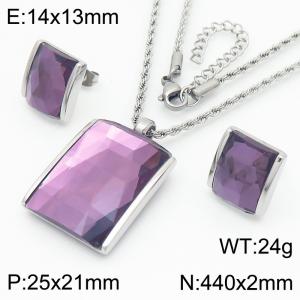 Purple crystal glass square pendant steel stainless steel necklace earring set - KS221288-GC