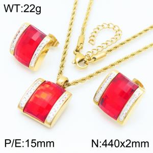 Red Crystal Glass Square Diamond Pendant Gold Stainless Steel Necklace Earring Set - KS221289-GC