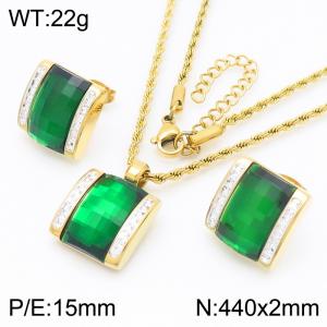 Green Crystal Glass Square Diamond Pendant Gold Stainless Steel Necklace Earring Set - KS221290-GC