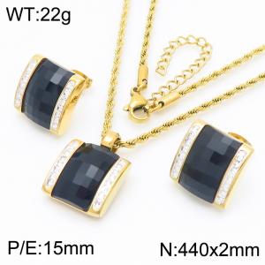 Black Crystal Glass Square Diamond Pendant Gold Stainless Steel Necklace Earring Set - KS221291-GC