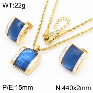 Blue Crystal Glass Square Diamond Pendant Gold Stainless Steel Necklace Earring Set - KS221292-GC