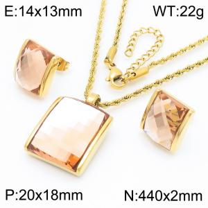 Orange crystal glass square pendant gold stainless steel necklace earring set - KS221293-GC