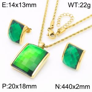 Green crystal glass square pendant gold stainless steel necklace earring set - KS221294-GC