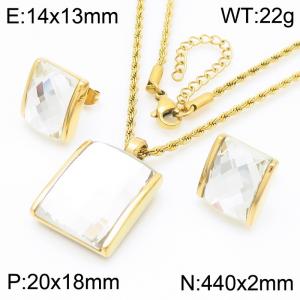 White crystal glass square pendant gold stainless steel necklace earring set - KS221295-GC