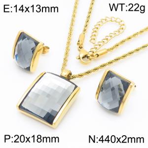 Colored crystal glass square pendant gold stainless steel necklace earring set - KS221296-GC