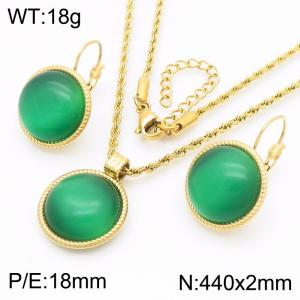 18mm Female Stainless Steel Green Gemstone Gold Jewelry Set - KS221318-GC