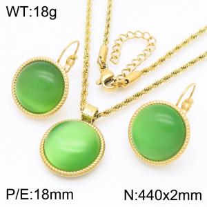 18mm Women's Stainless Steel Light Green Gemstone Gold Jewelry Set - KS221328-GC