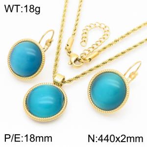 18mm Women's Stainless Steel Blue Cat Eyes Gold Jewelry Set - KS221329-GC