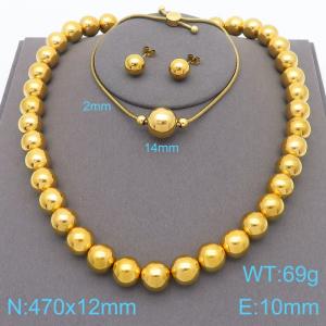 3pcs Hollow Steel Beads Necklace Bracelet 10mmm Stud Earrings For Women Stainless Steel Jewelry Sets - KS221334-KFC