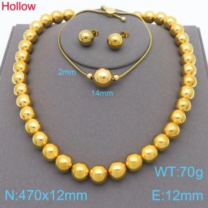 3pcs Hollow Steel Beads Necklace Bracelet 12mmm Stud Earrings For Women Stainless Steel Jewelry Sets - KS221335-KFC