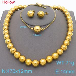 3pcs Hollow Steel Beads Necklace Bracelet 14mmm Stud Earrings For Women Stainless Steel Jewelry Sets - KS221336-KFC