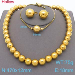 3pcs Hollow Steel Beads Necklace Bracelet 18mmm Stud Earrings For Women Stainless Steel Jewelry Sets - KS221337-KFC