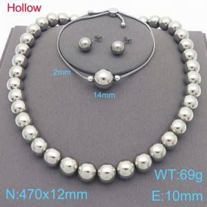 3pcs Silver Color Hollow Steel Beads Necklace Bracelet 10mm Stud Earrings For Women Stainless Steel Jewelry Sets - KS221338-KFC