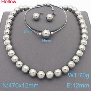 3pcs Silver Color Hollow Steel Beads Necklace Bracelet 12mm Stud Earrings For Women Stainless Steel Jewelry Sets - KS221339-KFC