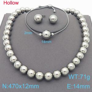 3pcs Silver Color Hollow Steel Beads Necklace Bracelet 14mm Stud Earrings For Women Stainless Steel Jewelry Sets - KS221340-KFC