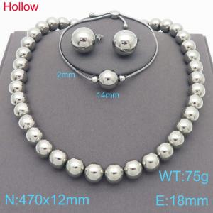 3pcs Silver Color Hollow Steel Beads Necklace Bracelet 18mm Stud Earrings For Women Stainless Steel Jewelry Sets - KS221341-KFC