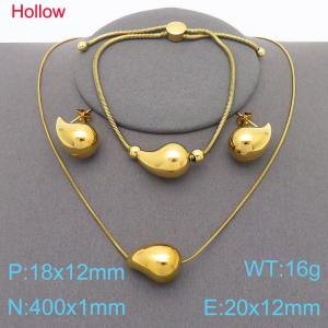 3pcs Gold Color Hollow Water Drop Necklace Bracelet 20x12mm Stud Earrings For Women Stainless Steel Jewelry Sets - KS221342-KFC