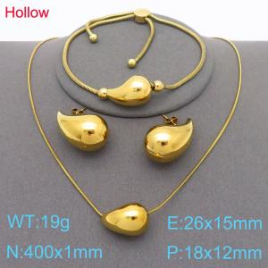 3pcs Gold Color Hollow Water Drop Necklace Bracelet 18x12mm Stud Earrings For Women Stainless Steel Jewelry Sets - KS221343-KFC