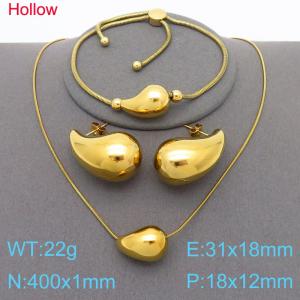 3pcs Gold Color Hollow Water Drop Necklace Bracelet 31x18mm Stud Earrings For Women Stainless Steel Jewelry Sets - KS221344-KFC