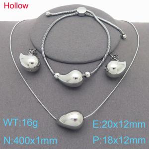 3pcs Silver Color Hollow Water Drop Necklace Bracelet 20x12mm Stud Earrings For Women Stainless Steel Jewelry Sets - KS221345-KFC