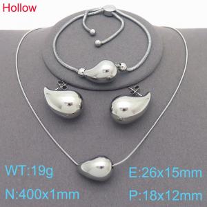 3pcs Silver Color Hollow Water Drop Necklace Bracelet 18x12mm Stud Earrings For Women Stainless Steel Jewelry Sets - KS221346-KFC