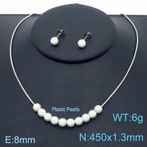 450x1.5mm=Simple Pearl Necklace Earrings Beaded Serpentine Chain Stainless Steel Women's Jewelry Set - KS221372-Z