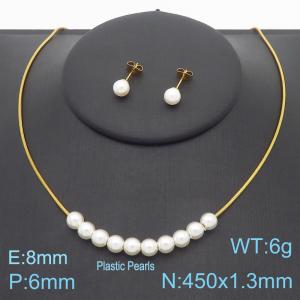 450x1.5mm=Simple Pearl Necklace Earrings Beaded Serpentine Chain Stainless Steel Women's Jewelry Set - KS221407-Z