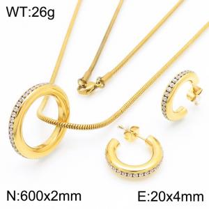 European and American fashion personality stainless steel creative diamond ring pendant C-shaped diamond studded earrings&necklace charm gold 2-piece set - KS221677-K