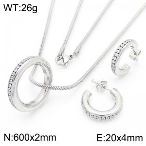 European and American fashion personality stainless steel creative diamond ring pendant C-shaped diamond studded earrings&necklace charm silver 2-piece set - KS221678-K