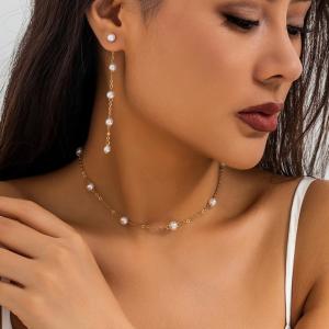 Stainless steel imitation pearl earring necklace set - KS221776-Z